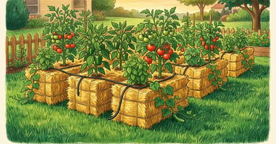 Backyard straw bale garden in mid-summer with five golden straw bales planted with tomatoes, peppers, and cucumbers, drip irrigation visible