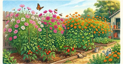 Backyard vegetable garden with a tall border of pink, white, magenta, and orange cosmos along the edge, with tomatoes, peppers, and cucumbers in front; honeybees, hoverflies, and a monarch butterfly visiting the cosmos