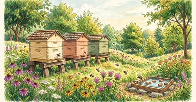 Permaculture homestead apiary with three Langstroth hives surrounded by wildflowers and a young food forest