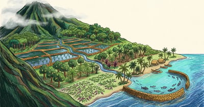 Traditional Hawaiian ahupua'a food forest showing mountain to sea elevation bands with lo'i kalo terraces, breadfruit, sweet potato, and coastal fishpond
