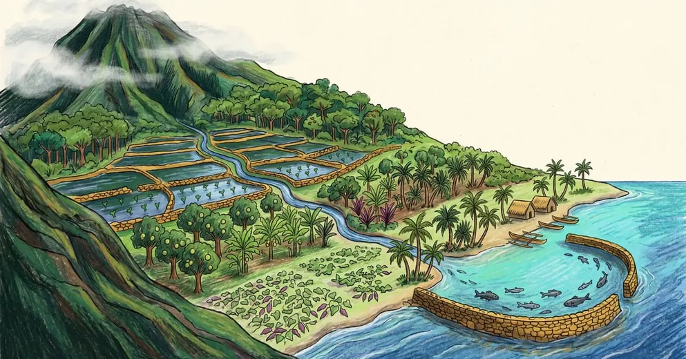 Traditional Hawaiian ahupua'a food forest showing mountain to sea elevation bands with lo'i kalo terraces, breadfruit, sweet potato, and coastal fishpond