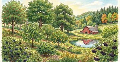 US Northeast cold-climate food forest in late summer with apple, chestnut, pawpaw, and aronia in production