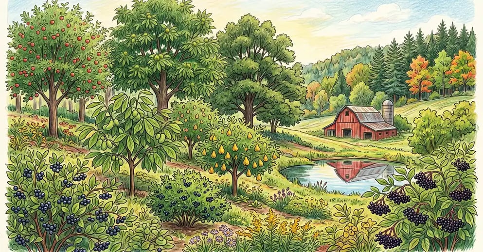 US Northeast cold-climate food forest in late summer with apple, chestnut, pawpaw, and aronia in production