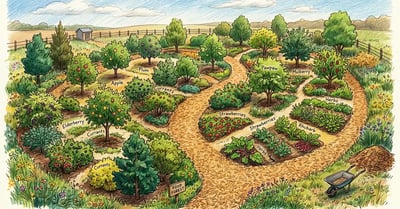 Curved wood chip pathway winding through a young US food forest with fruit trees and berry bushes