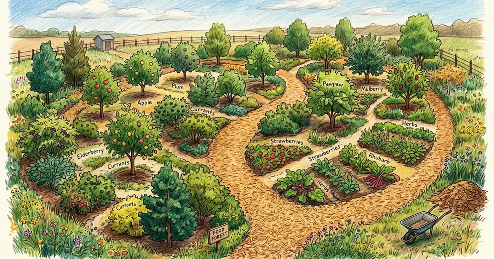 Curved wood chip pathway winding through a young US food forest with fruit trees and berry bushes