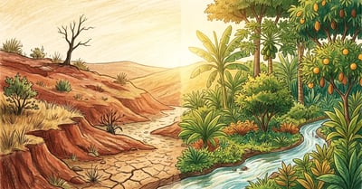 A split-landscape illustration showing degraded bare red soil on the left and a lush syntropic food forest with multiple canopy layers and a flowing spring on the right