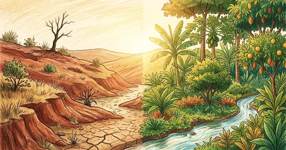 A split-landscape illustration showing degraded bare red soil on the left and a lush syntropic food forest with multiple canopy layers and a flowing spring on the right