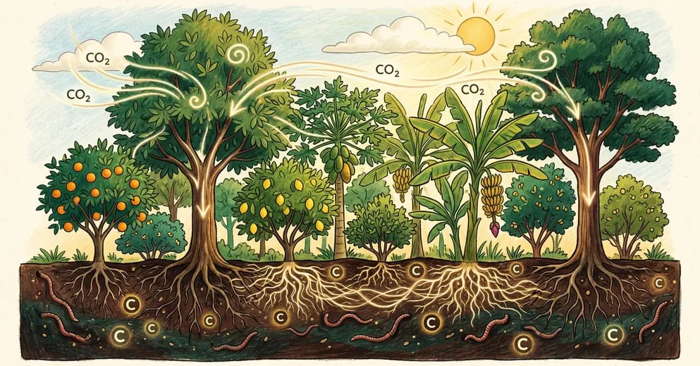 Cross-section of a syntropic agroforestry system with multiple canopy layers showing CO2 flowing from atmosphere down through leaves, trunks, and into soil, with mycorrhizal networks underground