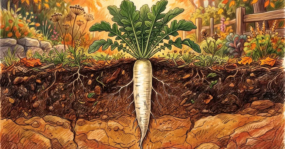 Illustrated cross-section of a tillage radish cover crop taproot drilling down through topsoil into a compacted clay subsoil layer