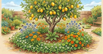 Backyard garden with a mature Meyer lemon tree surrounded by a circular companion planting guild of borage, calendula, nasturtium, white clover, and comfrey with bees visiting flowers