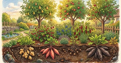 Backyard food forest scene with tall fruit trees and a cross-section revealing the underground root layer with sunchokes, sweet potatoes, groundnut tubers, and yacon