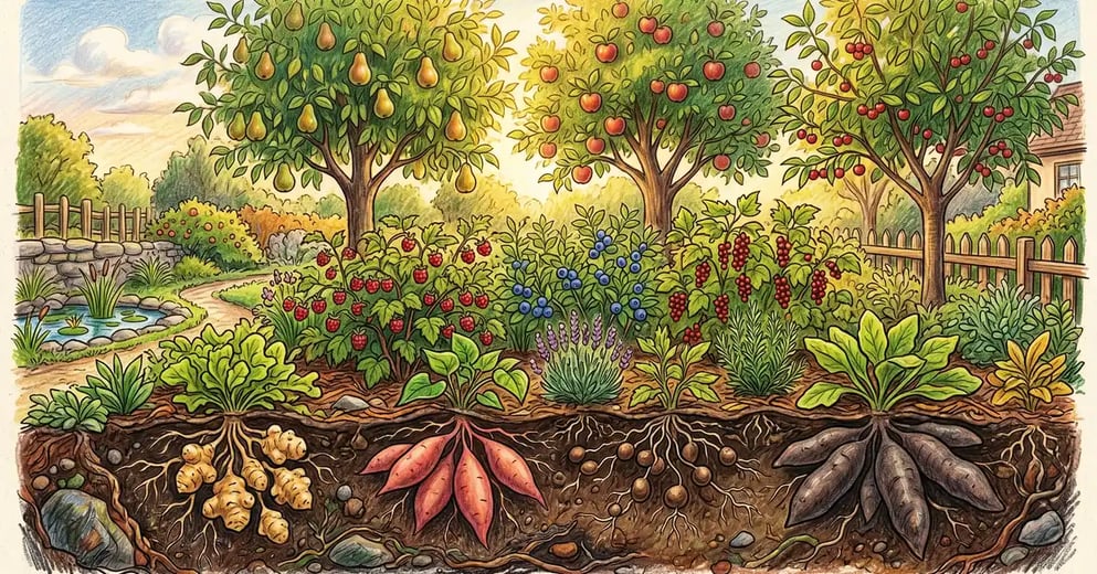 Backyard food forest scene with tall fruit trees and a cross-section revealing the underground root layer with sunchokes, sweet potatoes, groundnut tubers, and yacon