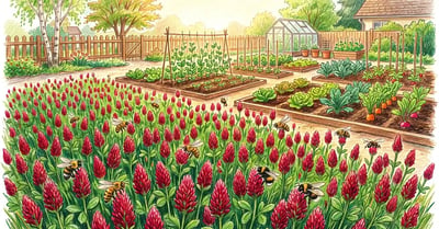 Backyard garden bed in spring covered in blooming crimson clover with bees visiting the deep crimson flower heads