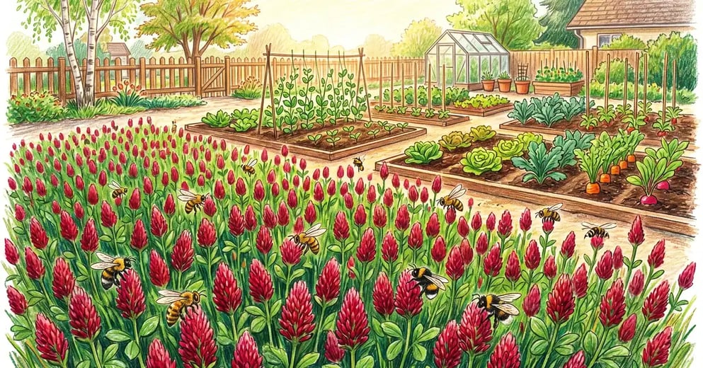 Backyard garden bed in spring covered in blooming crimson clover with bees visiting the deep crimson flower heads