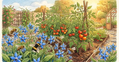 Backyard garden bed with tomato plants and blooming borage interplanted, with bright blue star-shaped flowers and bees visiting