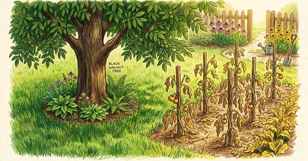 Backyard garden scene with a large black walnut tree showing healthy lawn beneath it on one side and wilted yellowing tomato plants on the other demonstrating juglone allelopathy