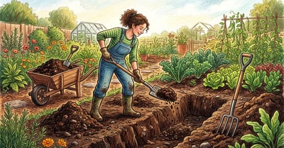 A backyard gardener double digging a vegetable bed with a spade beside an open trench of rich dark soil