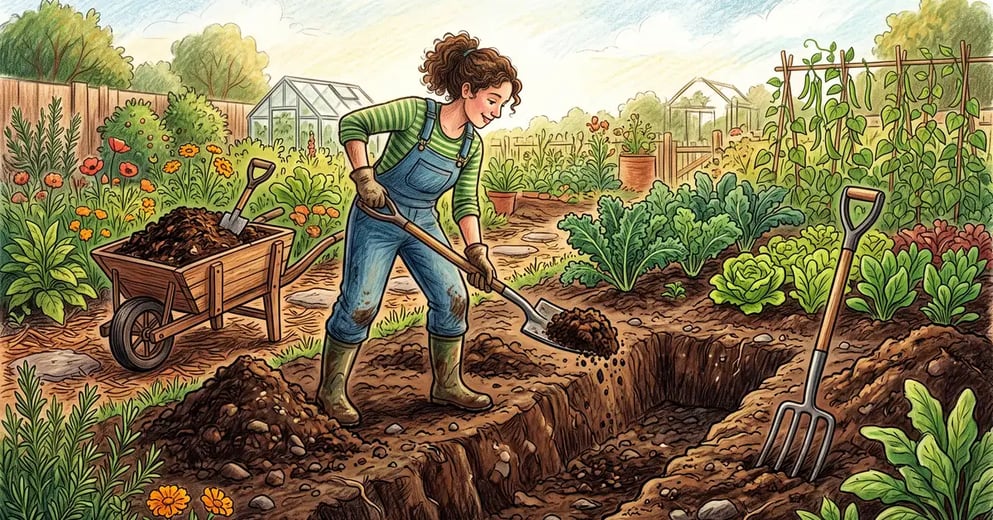 A backyard gardener double digging a vegetable bed with a spade beside an open trench of rich dark soil