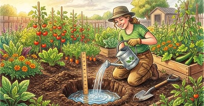 Backyard gardener kneeling beside a freshly dug 12-inch test hole filling it with water from a watering can to perform a soil drainage perc test with a ruler for measurement