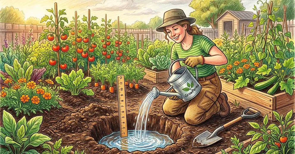 Backyard gardener kneeling beside a freshly dug 12-inch test hole filling it with water from a watering can to perform a soil drainage perc test with a ruler for measurement