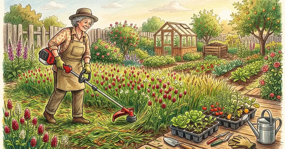 Backyard gardener mowing a flowering crimson clover and rye cover crop with a string trimmer leaving residue as green mulch