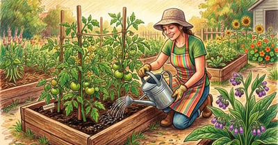 Backyard gardener pouring dark liquid comfrey fertilizer from a watering can onto tomato plants in a raised bed, pencil crayon illustration