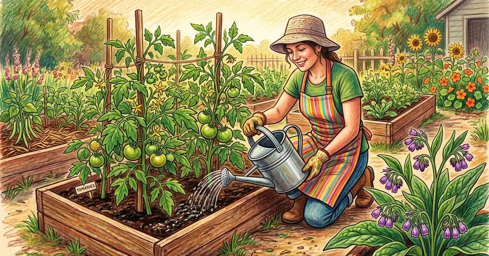 Backyard gardener pouring dark liquid comfrey fertilizer from a watering can onto tomato plants in a raised bed, pencil crayon illustration
