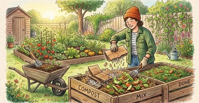 A backyard gardener tearing flattened brown cardboard and shredded paper into a compost bin with green kitchen scraps