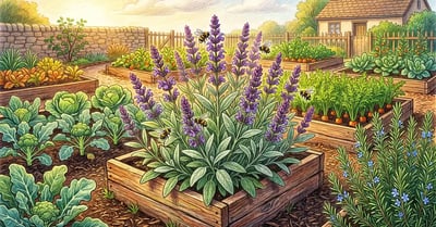 Backyard herb and vegetable garden featuring a mature garden sage Salvia officinalis with silvery-green leaves and purple flower spikes surrounded by broccoli, cabbage, carrots, and rosemary with bees visiting the sage flowers
