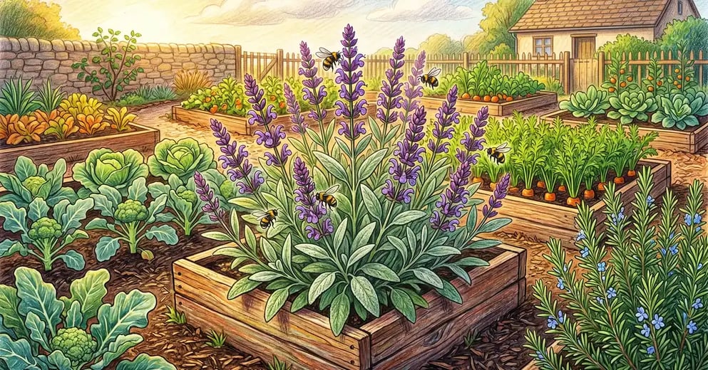 Backyard herb and vegetable garden featuring a mature garden sage Salvia officinalis with silvery-green leaves and purple flower spikes surrounded by broccoli, cabbage, carrots, and rosemary with bees visiting the sage flowers