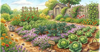 Backyard herb garden with thyme growing as a low ground cover between rows of cabbages, kale, and broccoli with honey bees visiting purple flowers, pencil crayon illustration
