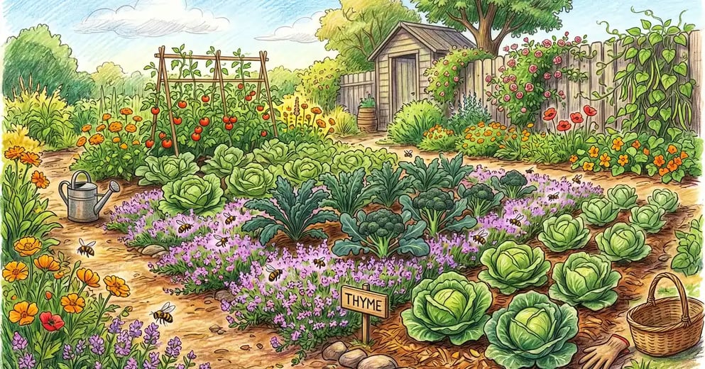 Backyard herb garden with thyme growing as a low ground cover between rows of cabbages, kale, and broccoli with honey bees visiting purple flowers, pencil crayon illustration