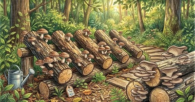 Pencil crayon illustration of a backyard mushroom log cultivation setup in a shaded forest edge with shiitake and oyster logs stacked in a lean-to spawn run