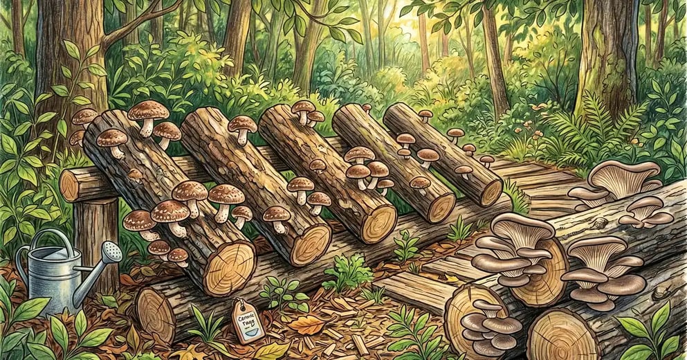 Pencil crayon illustration of a backyard mushroom log cultivation setup in a shaded forest edge with shiitake and oyster logs stacked in a lean-to spawn run