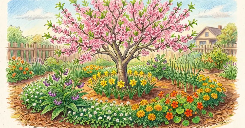 Backyard peach tree in full bloom with pink blossoms surrounded by a circular permaculture guild of companion plants, pencil crayon illustration