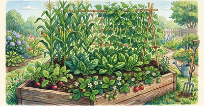 Backyard raised bed garden with healthy spinach plants in dappled shade beneath pole beans and sweet corn with strawberries and radishes nearby
