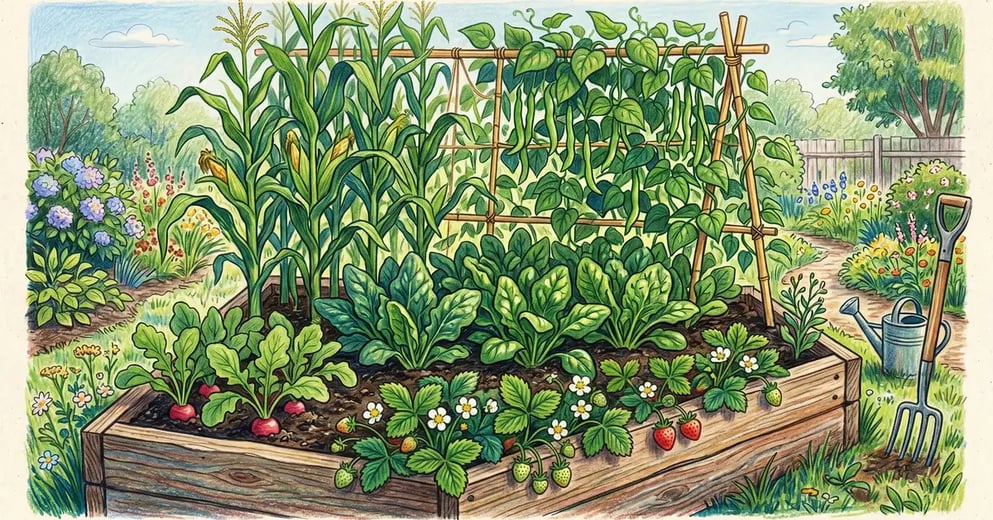 Backyard raised bed garden with healthy spinach plants in dappled shade beneath pole beans and sweet corn with strawberries and radishes nearby