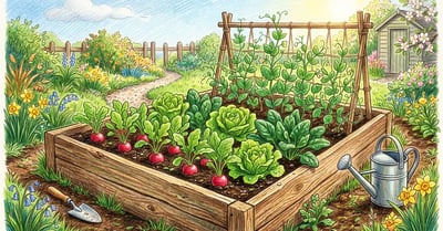 Backyard raised vegetable bed with bright red radishes growing in neat rows alongside lettuce, spinach, and climbing peas, pencil crayon illustration