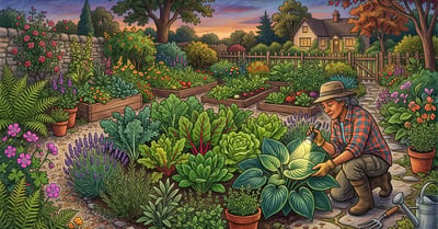 A dusk backyard garden ringed by aromatic herbs with a gardener inspecting a hosta leaf for slugs and snails