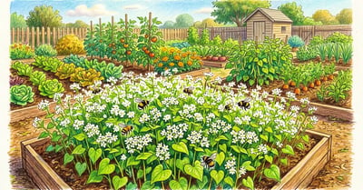 Backyard vegetable garden bed with buckwheat in full bloom showing dense white star-shaped flower clusters above bright green heart-shaped leaves with bees