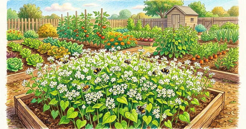Backyard vegetable garden bed with buckwheat in full bloom showing dense white star-shaped flower clusters above bright green heart-shaped leaves with bees
