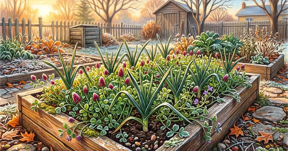 Backyard winter vegetable garden bed with overwintering garlic emerging through crimson clover and hairy vetch cover crop, pencil crayon illustration