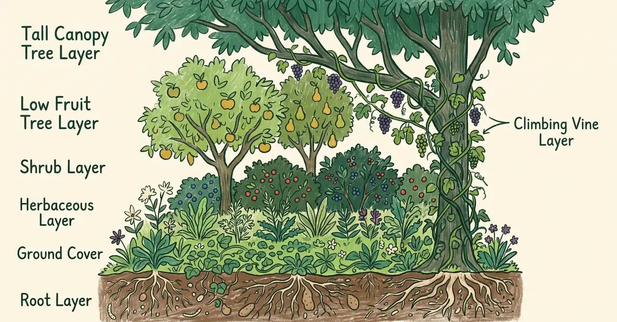 Cross-section infographic showing the seven layers of a food forest from canopy trees down to root crops and climbing vines