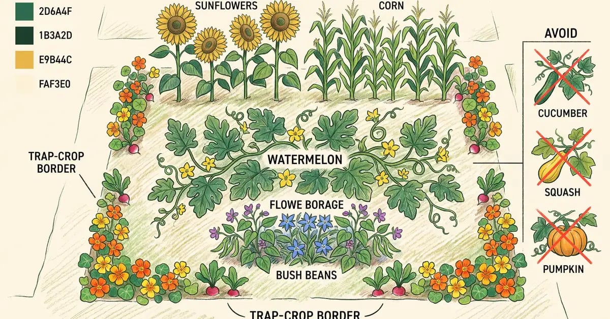Top-down garden layout infographic showing watermelon in the center with companion plants at the edges and cucurbits to avoid