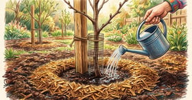 Newly planted bare-root fruit tree with a stake, tree guard, and a doughnut ring of wood-chip mulch pulled back from the trunk