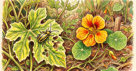 Striped cucumber beetle on a watermelon leaf with feeding damage next to a nasturtium flower used as a trap crop
