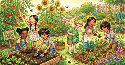 Diverse group of children aged 5 to 10 working together in a colorful backyard permaculture garden with sunflowers and pollinators