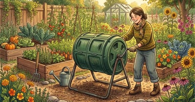 Dual chamber compost tumbler in a backyard garden setting with a homeowner turning the crank surrounded by vegetable beds and flowering plants