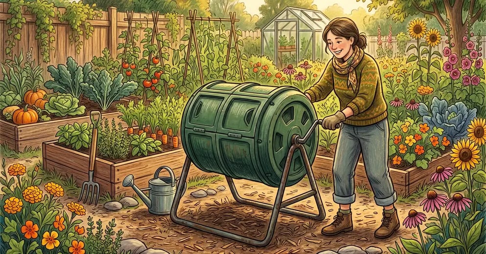Dual chamber compost tumbler in a backyard garden setting with a homeowner turning the crank surrounded by vegetable beds and flowering plants