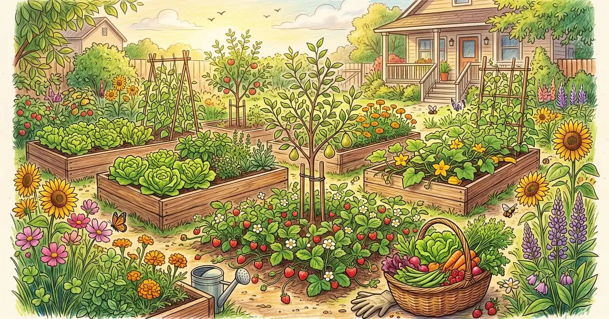 First-year food forest with raised beds of vegetables and herbs between young fruit trees and a basket of fresh harvest